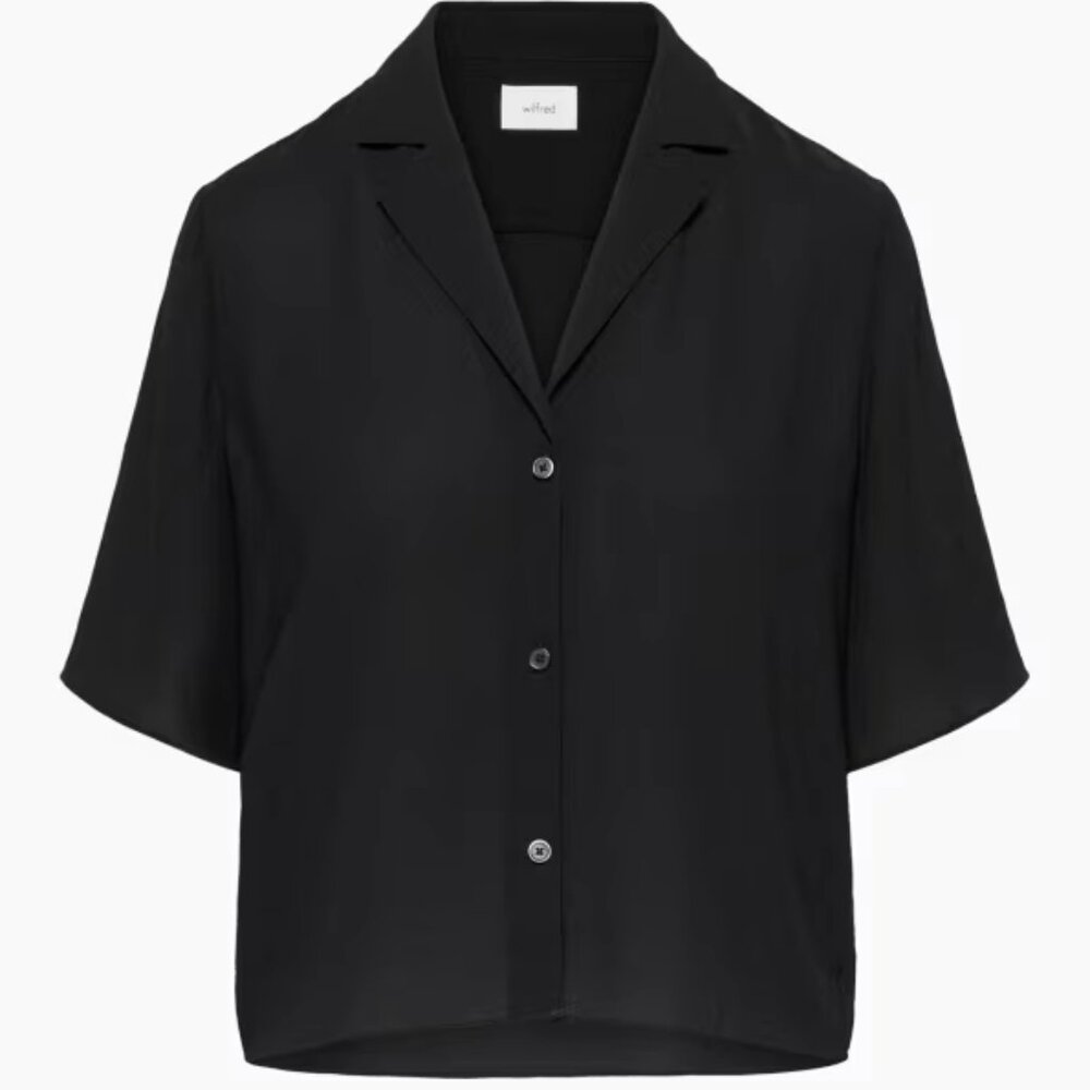 Aritzia Wilfred Black Beso Short Sleeve Button Up Shirt Satin Blouse Size S NWT